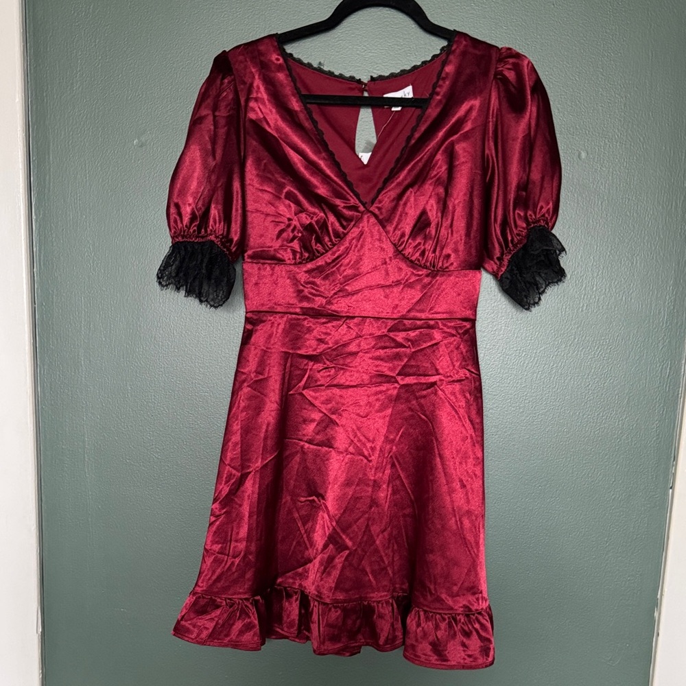 Kit + sky Deep Red Satin Mini Dress with Lace Trim